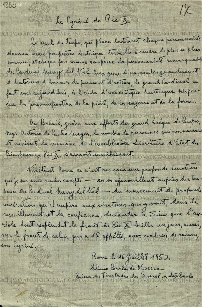 Carta de Plinio Corrêa de Oliveira cujo original encontra-se no Arquivo Apostólico Vaticano