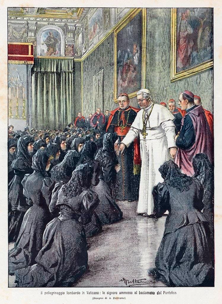 Peregrinação dos lombardos ao Vaticano. As senhoras beijam a mão de São Pio X        