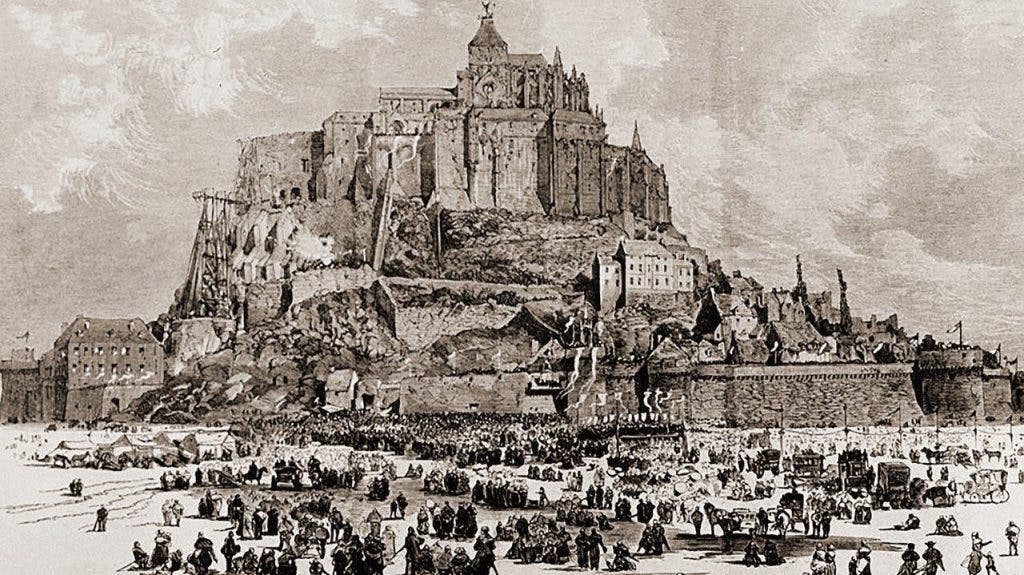 A gravura representa a chegada de peregrinos alemães ao Mont-Saint-Michel.