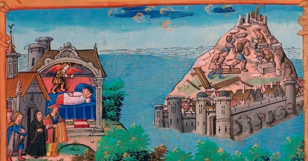 Saint Aubert começa a construção da Abadia (iluminura medieval)
