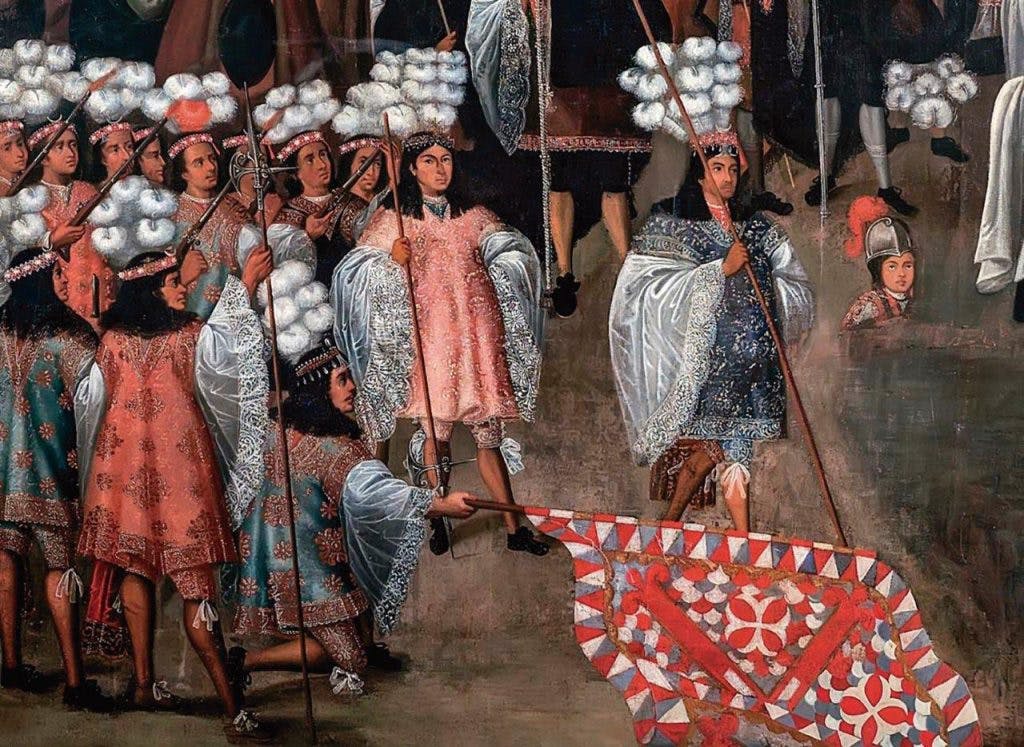 Batalhão de índios Cañaris vestidos com o uniforme militar usado pelos anjos arcabuzeiros (detalhe) – Série Corpus Christi (1675-1680) da Igreja de Santa Ana, Cuzco