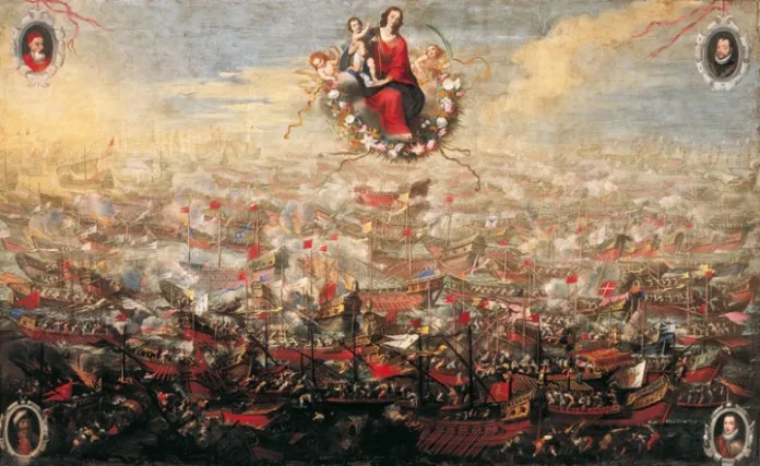 Nossa Senhora do Rosário dispersa, confunde e derrota os otomanos na Batalha de Lepanto, 1571